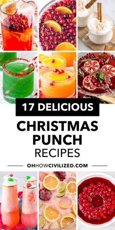 christmas punch recipe collage with oranges, cranberries and other drinks in glasses