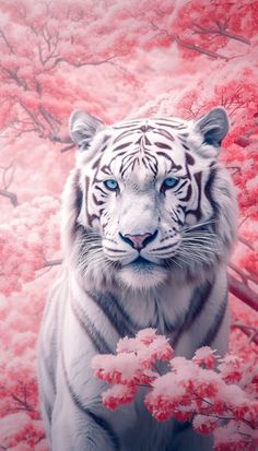 a white tiger with blue eyes standing in front of some red trees and flowers on the ground