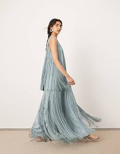 ASOS EDITION ultimate fringe racer neck maxi dress in powder blue | ASOS Show Me Your Mumu Zoey Midi Dress, Glamorous Flowy Evening Dress, Spring A-line Maxi Dress For Dinner, Flowy Spring Evening Dress For Gala, Summer A-line Evening Dress For Dinner, Spring Dinner A-line Maxi Dress, Dressy Floor-length Dinner Dress, Flowy Gown For Spring Party, Chic Sleeveless Gown For Dinner