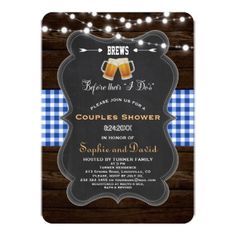 a beer themed bridal party with lights on the table and blue checkered tablecloth