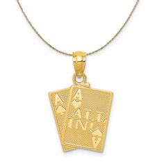 Accessorize with a symbol of good luck to increase your chances of success or simply show off your winning personality. This playing cards charm features a polished and textured design fashioned from 14k yellow gold. It measures approximately 13mm (1/2 Inch) in width by 23mm (15/16 Inch) in length, which includes the tapered bail. The pendant is Includes a 18 inch, 0.8mm 14k yellow gold cable chain with a lobster clasp. Cards Necklace, Italian Horn, Gold Eagle, Bow Jewelry, Gold Box, Textured Design, Yellow Gold Pendants, Jewelry Companies, Special Friend