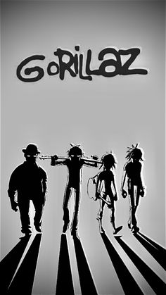 the poster for gorillaz is shown in black and white with red lettering on it