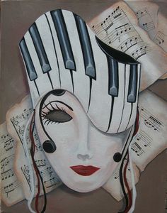 a painting of a woman's face with musical notes around her head and eyes