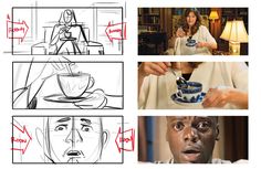 four different stages of drawing a man's face with coffee cup and saucer