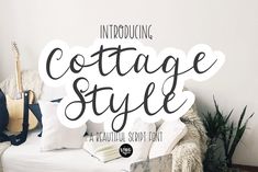 an image of a living room with the words cottage style written in black and white