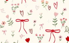 a pattern with hearts, flowers and bows on a white background that is seamless