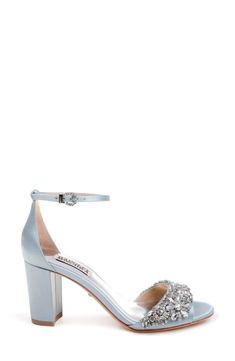 a women's silver high heeled sandal with crystal embellishment