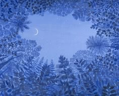 a blue painting with trees and stars in the sky above it is a crescent moon