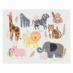 an elephant, giraffe, zebra and other animals are depicted in this illustration