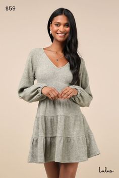 There's no better pick than the Lulus Adorable Option Heather Green Long Sleeve Mini Sweater Dress to be your new favorite fall addition! This darling sweater dress is composed of stretchy ribbed knit (with a subtle heathered effect throughout) that shapes a darted bodice, a V-neckline, and long balloon sleeves with elastic at the cuffs. The fitted, banded waist tops a tiered, skater-style skirt that finishes at a mini hem. Fit: This garment fits true to size. Length: Mid-thigh. Size medium meas Skater Sweater, Fall Addition, Green Sweater Dress, Sweater Mini Dress, Mini Sweater, Heather Green, Green Long Sleeve, Mini Sweater Dress, Skater Style