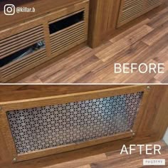 before and after photos of a wood cabinet with metal grilles on the bottom side