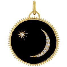 The 14 karat gold pendant medallion is set with black enamel and .11 carats of shimmering diamonds. This medallion represents learning each day and growing to be a better individual. Moon signifies peace & tranquility in life. FOLLOW MEGHNA JEWELS storefront to view the latest collection & exclusive pieces. Meghna Jewels is proudly rated as a Top Seller on 1stDibs with 5 star customer reviews. All items manufactured by us are handmade and can be customized or redesigned. Available in black, whit Moon Star Pendant, Pendant Necklace Diamond, Gold Medallion, Circle Diamond, Star Moon, Disc Pendant, Diamond Charm, Charm Pendant Necklace, Jewelry Online Shopping