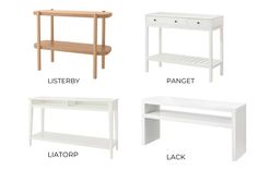 four different types of white furniture including a table, bench, and end tables with names