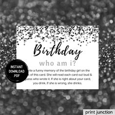 a black and white birthday card with the words, who am i? on it