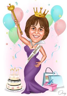 a caricature of a woman holding a cake with balloons and a crown on her head