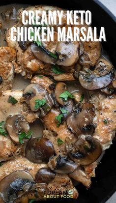 creamy keto chicken marsala with mushrooms and parsley in a black skillet