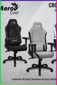 three office chairs with different colors and designs on the front, two are black and one is gray