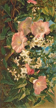 a painting of pink flowers and green leaves