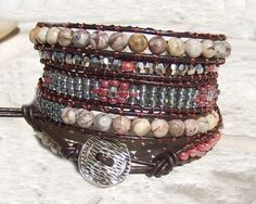 Leather Wrap Bracelet  Bohemian Jewelry Southwest Bracelet Brown Wrap Bracelet Leather Jewelry Hippie Wrap Brown Purple Wrap  Bracelet Gorgeous leather 5 wrap bracelet with stunning 6 mm Mafian stone beads, dark rosewood seed beads, silver diamond cut  beads on dark brown leather. The bracelet features mix of different beading patterns, inspired of famous Chan Luu style. Beautiful metallic closure completes the unique look of this mysterious bracelet! Bracelet length is 37 inches (94 cm) without Bohemian Brown Bracelets As Fashion Accessory, Southwestern Brown Bracelets, Multicolor Leather Bracelet In Bohemian Style, Southwestern Hand-wrapped Wrap Bracelet For Gift, Southwestern Hand Wrapped Wrap Bracelet Gift, Southwestern Style Hand Wrapped Wrap Bracelet Gift, Multicolor Bohemian Leather Bracelet, Nickel-free Bohemian Leather Bracelet, Red Adjustable Leather Bracelet, Bohemian Style