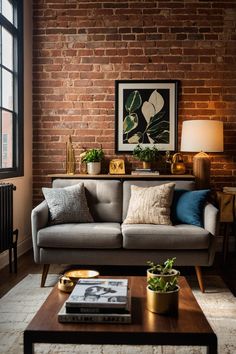 Exposed brick wall living room with a grey mid-century sofa, throw pillows, potted plants, and warm lighting, embodying industrial chic décor. Small Brick Wall Living Room, Living Room Designs Exposed Brick, Brick Wall Interior Dining Room, Exposed Brick Decorating Ideas, Exposed Brick Aesthetic, Exposed Brick Apartment Aesthetic, Brick Wall Decor Ideas Living Room, Exposed Brick Decor