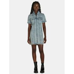 Who doesn't love a denim moment? This Liv & Lottie Zip-Up Mini Denim Dress is the perfect mix of casual and dressy. Pair it with some sneakers and a cute crossbody bag and you're ready for whatever the day may bring. You can also add boots for your own Cowboy Carter-inspired take. This short-sleeve dress is crafted with stretch for added comfort with a zip front for a secure fit. Size: L.  Color: Blue.  Gender: female.  Age Group: adult. Mini Denim Dress, Cowboy Carter, Cute Crossbody Bags, Womens Denim Dress, Dress With Short Sleeves, Dress Shirts For Women, Blue Gender, Zip Up, Denim Dress