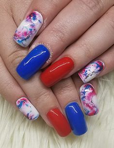 Red And Blue Swirl Nails, Red White And Blue Nail Art, Buffalo Bills Nail Ideas, Red White And Blue Marble Nails, White And Blue Marble Nails, Blue Marble Gel Nails, Red And Blue Nails Design, Red Blue Nails, Independence Nails