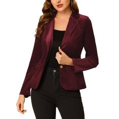 Complete your chic style in this luxurious velvet blazer. Model is wearing in size XS (Height: 5'8", Chest: 31 4/8 inches, Waist: 24 inches, Shoulder Width: 16 4/8 inches, Hip: 36 5/8 inches, Weight: 115 lbs) Notched Lapel, Botton Down, Long Sleeve, Lined, Two Flap Pockets, Glamorous Velvet Fabric Measurement (in inches) Size----------Total Length----------Shoulder Width----------Chest Girth----------Waist Girth----------Sleeve Length XS---------------------22-----------------------14 7/8------- Burgandy Blazer, 115 Lbs, Front Office, Jewel Colors, Blazer Shirt, Velvet Blazer, Work Wear Women, Womens Blazers, Velvet Fabric