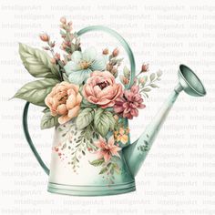 a watering can with flowers and leaves painted on the side, in pastel colors