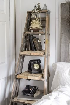 an old ladder is used as a shelf for books