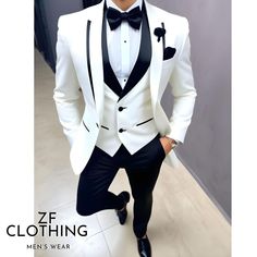 Men Suits 3 Piece Designer Tuxedo White And Black Lapel Style Suits Wedding Party Suits Elegant Suits Formal Fashion Bespoke For Men Item Include (Coat+ Vest+ Pant) Fabric:- Imported, Premium Color:- White Color Lapel Border:- Black Color Vest Lapel :- Black  Lapel  Color Pants :- Black  Dry Clean Recommended The suit is for wedding, Party, Proms, and Many Occasions. We make the suit according to our Standard size chart, If you are not sure about your size/measurement,  please give your body mea White Suit Black Pants Men, Black Coat Pant Men Formal, Tuxedo White, White Tuxedo Prom, White Fitted Three-piece Suit For Party, Fitted White Three-piece Suit For Party, White Fitted Three-piece Party Suit, Fitted White Set For Party, Fitted White Party Set