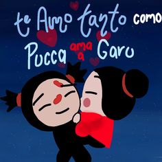 a couple kissing each other in front of a night sky with the words, te amo tarto como pucca and a garo