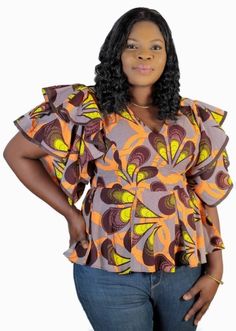 African Print Top Unlined. Double butterfly sleeves. 100% African Wax cotton. Styling Tips:  This top is versatile and she's appropriate for both business and play. She looks great on jeans, slacks, and skirts.  Take Care of Her 1. Handwash or wash on a delicate cycle. Line-dry.  2. Iron inside out.  3. Do not bleach. Let's be friends.  www.instagram.com/designsbyabike www.facebook.com/designsbyabike  Pinterest: pintrest.com/designsbyabike E-Mail: hello@abikeoyedele.com www.abikeoyedele.com www.designsbyabike.com Brown Cotton V-neck Blouse, Purple Cotton V-neck Blouse, Fitted Brown Cotton Blouse, African Print Top, Ankara Blouse, Double Butterfly, African Print Tops, Latest African Fashion Dresses, Butterfly Sleeves