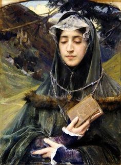 a painting of a woman holding a book in her hands and wearing a veil over her head