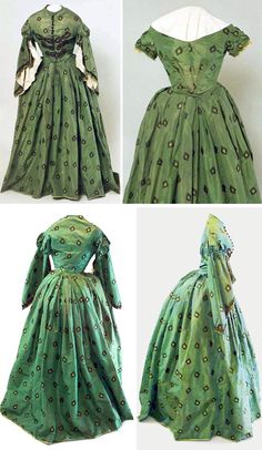 Wedding dress, circa 1860. Green silk taffeta patterned with motif of yellow rosebud inside a black diamond. Two bodices, one day and one evening. Hand-sewn. South Canterbury (NZ) Museum via eHive. 1860s Dresses, Historical Gowns, Taffeta Wedding Dress, 1860 Fashion, 1800s Fashion, Period Dress, 19th Century Fashion, Century Clothing, Victorian Clothing