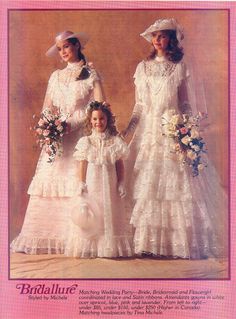 three women in dresses and hats are posing for a magazine cover with flowers on them