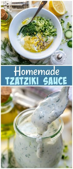 homemade tatzziki sauce in a jar with lemons and cucumbers