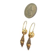 Elegant Early 19th Century  hand made  18k Gold Portuguese Filigree Bomb drop earrings with a hook front hinge . with amazing work,  not Stamped ,they can be detached and used both way  3.8 grams .1.5" H by 0.25" w by 0.25" D Victorian Dangle Earrings For Formal Occasions, Heirloom Earrings For Formal Occasions, Antique Filigree Drop Earrings, Victorian 14k Gold Filigree Earrings, 14k Gold Victorian Filigree Earrings, Heirloom Pierced Drop Earrings, Heirloom Drop Earrings, Pierced, Yellow Gold Dangle Plug Earrings For Formal Events, Heirloom Style Drop Earrings