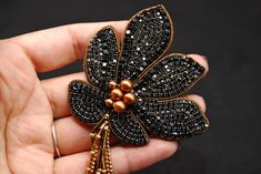 Luxury Black Statement Brooch, Affordable Black Brooches For Gifts, Handmade Elegant Black Brooches, Elegant Flower Shaped Beaded Brooches, Fancy Coat, Bead Embroidery Jewelry, Embroidery Jewelry, Flower Pins, Crystal Flower