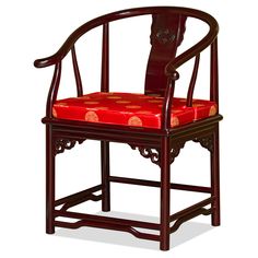 a wooden chair with red upholstered seat and arm rests against a white background