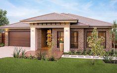 a brick house with two garages in the front yard