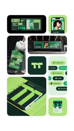 various green and black business cards with the letter t on it's back side