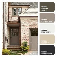 an exterior color scheme for a house with brick and stucco colors, including grays, browns