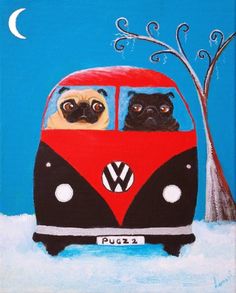 two pugs in a red and black vw bus on the snow covered ground