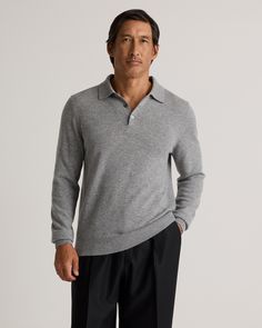 The classic polo sweater - now available in 100% Grade A Mongolian cashmere. Perfect for everyday wear - feel free to dress it up for a night out or just lounging around.  | Quince | Men's Mongolian Cashmere Polo Sweater in Heather Grey, Size Small Classic Long Sleeve Polo Sweater With Relaxed Fit, Classic Cashmere Polo Sweater, Winter Cashmere Collared Top, Collared Cashmere Polo Sweater In Fine Knit, Winter Cashmere Polo Sweater For Business Casual, Winter Business Casual Cashmere Polo Sweater, Fine Knit Cashmere Polo Sweater, Casual Sweater With Polo Collar In Fine Knit, Cashmere Polo Sweater With Polo Collar For Fall