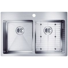 stainless steel double bowl kitchen sink with drainer and grid strainers on the side