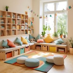 a living room filled with lots of furniture and bookshelves next to a window