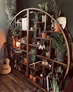 a wooden shelf filled with potted plants next to a guitar