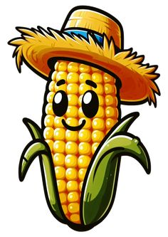 a cartoon corn cob wearing a straw hat