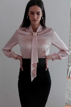 Women Work Blouse, Stand Collar Blouse, Silk Shirts, Satin Bluse, Silk Blouses, Womens Trendy Tops, Business Outfits Women, Work Dresses For Women, Gorgeous Blouses