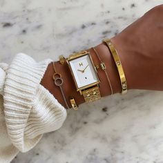 Watch And Bracelets, Seasonal Cocktails, Square Watches, Classic Jewelry Pieces, Jewelry Stack, Winter Gold, Eyewear Shop, Stacking Bracelets, Minimalist Women